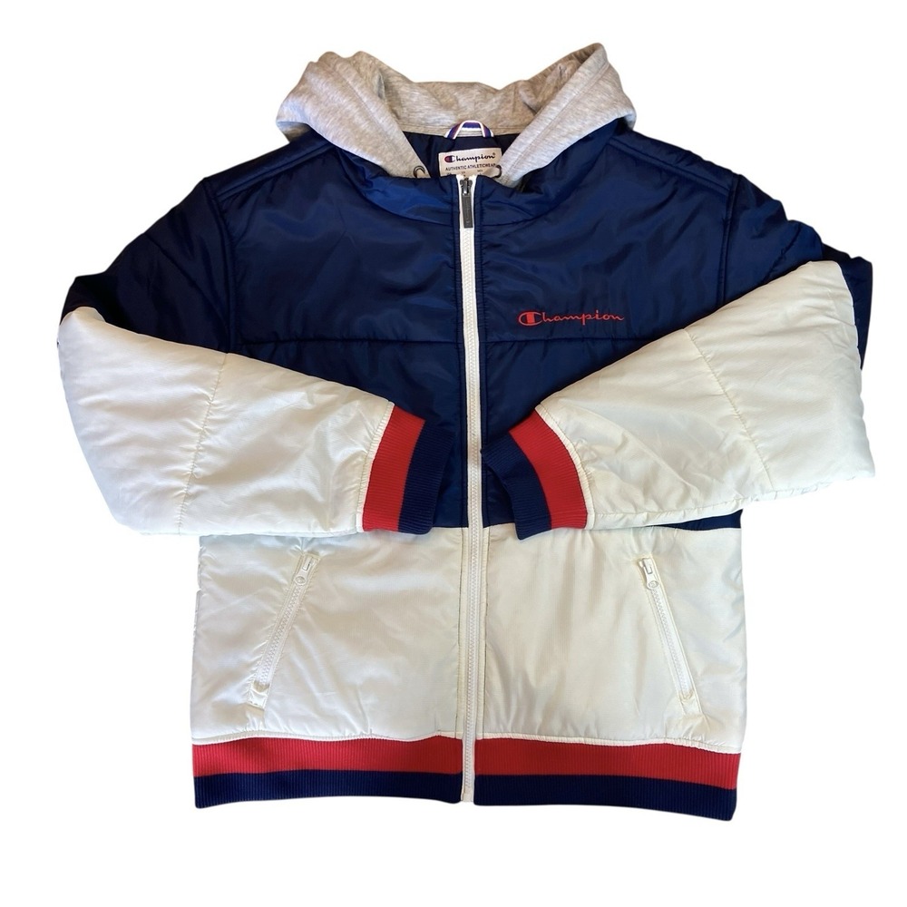 Champion Stadium Puffer Jacket Hood Red White Blue Size Large Men's